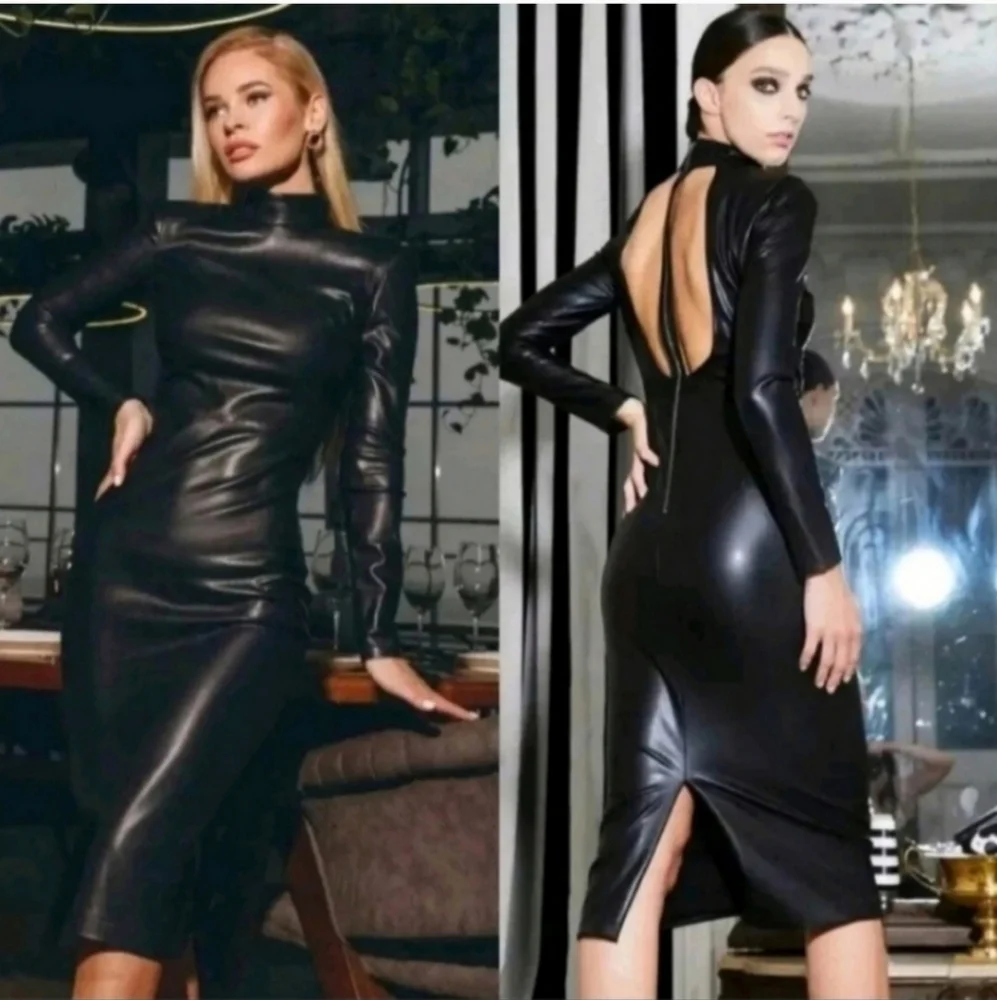 ALICE + OLIVIA DELORA VEGAN LEATHER MOCKNECK MIDI DRESS SIZE 4 - Picture 2 of 15